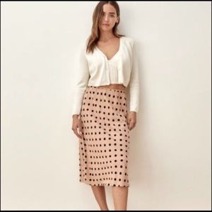 Reformation Midi Bias Cut Skirt Beige Black Polkadots Medium